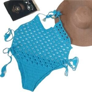 Boho Crochet Swimsuit Bodysuit Turquoise One Piece Plus Size OSFM unlined tassel